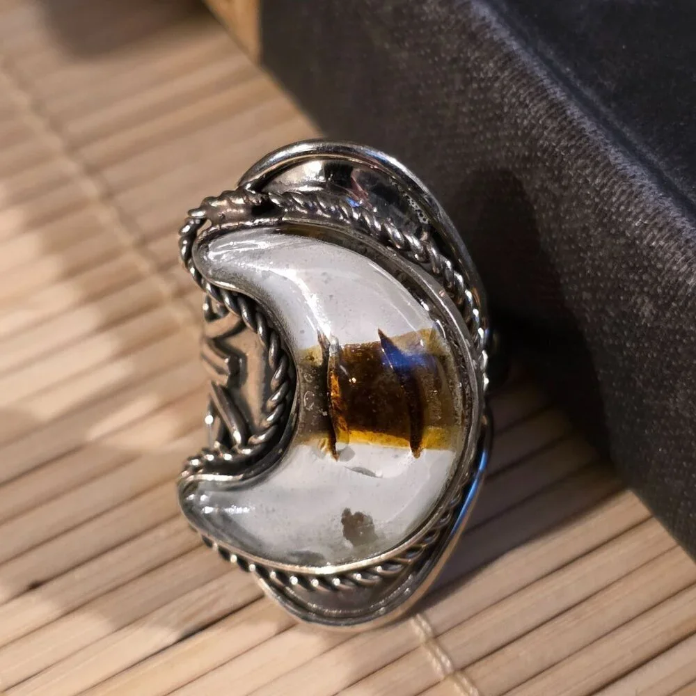 Peruvian Fused Art Glass White Silver Multi Crescent Moon OOAK Artisan Ring